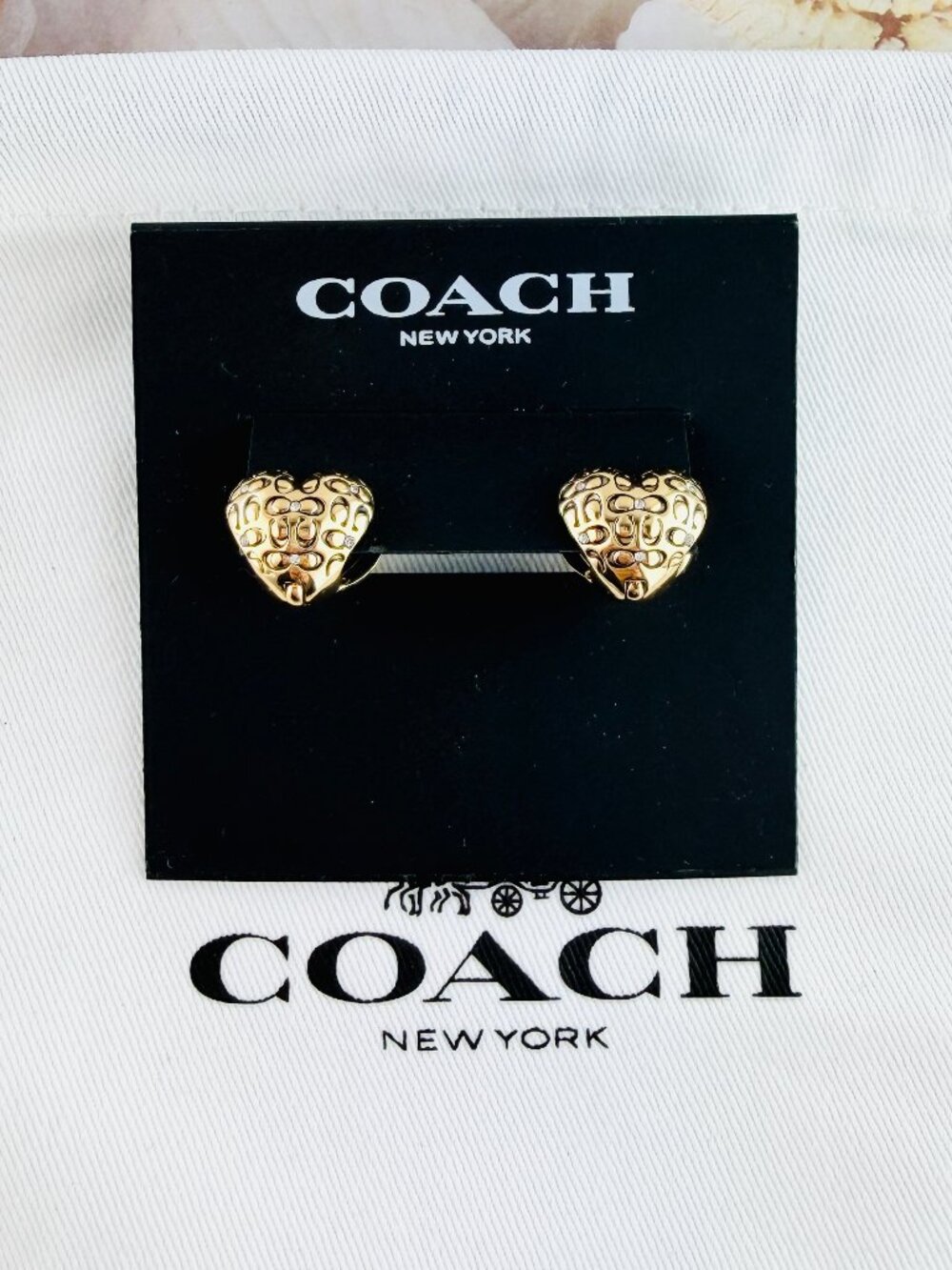 Coach Signature Quilted Puffy Heart Huggie gold earrings
